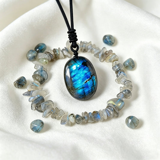 Labradorite Irregular Pendant Necklace and Pebble Bracelet Set