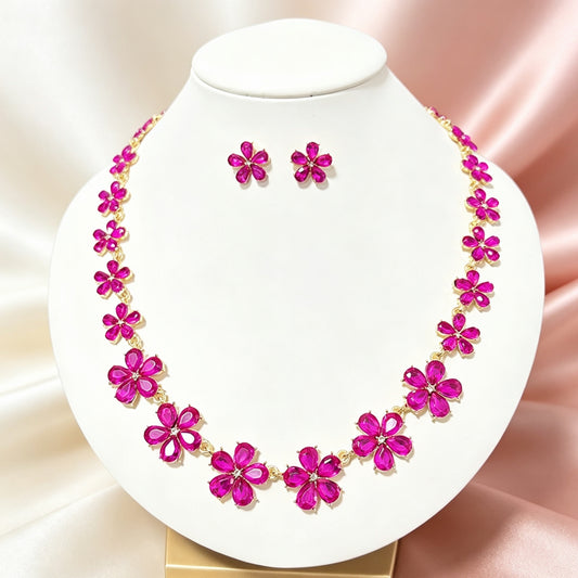 Luxury Clavicle Chain Exquisite Fashion Alloy Diamond-Embedded Floral Necklace and Earring Set