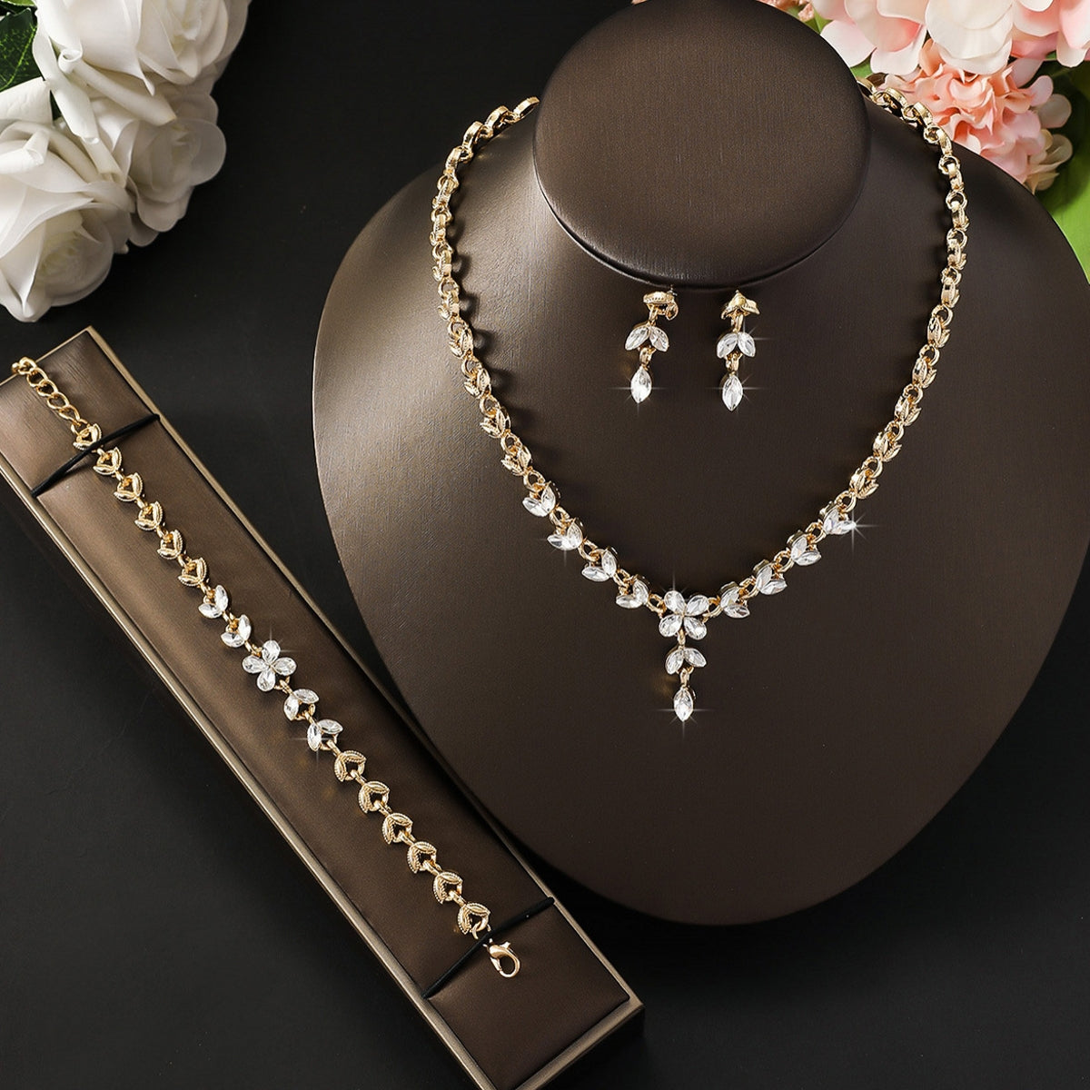 Luxury Floral Necklace Earrings and Bracelet Set