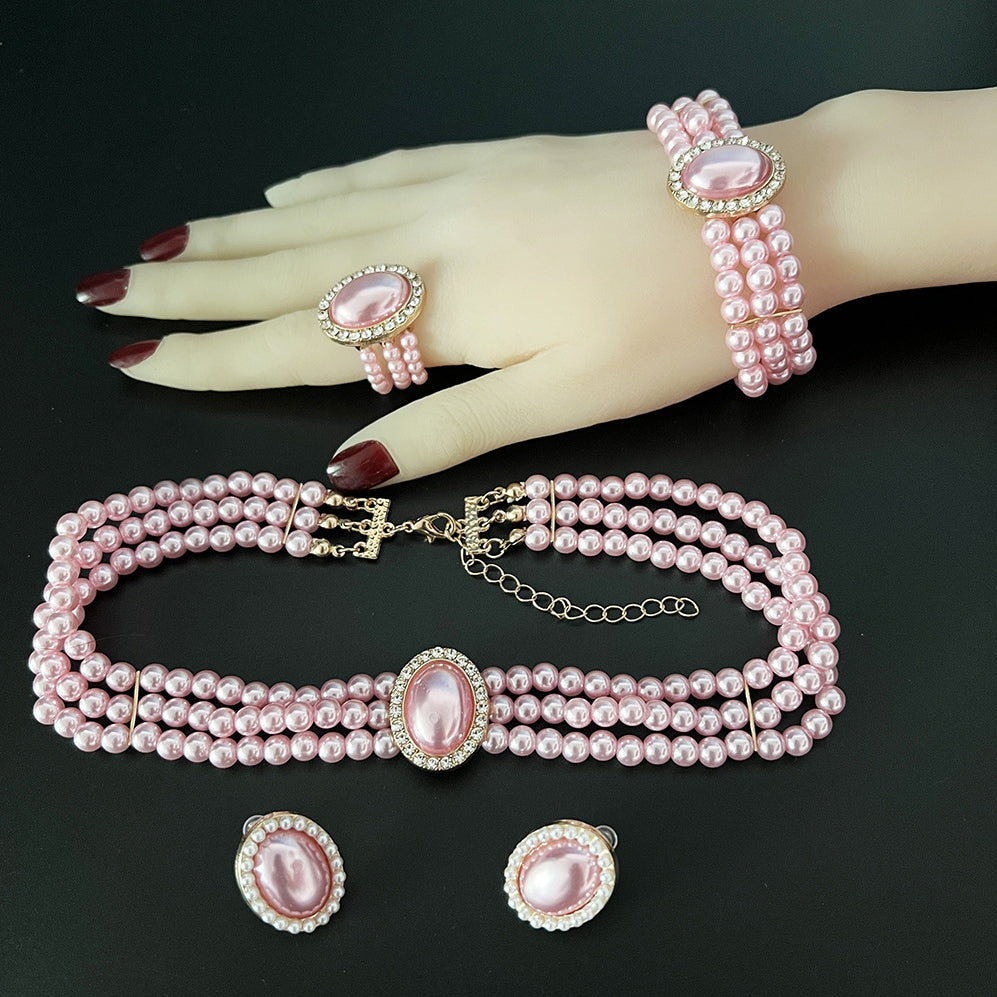 Luxury Vintage Pearl Jewelry Inlaid with Diamonds Eco-Friendly Alloy Elegant Bracelets and Necklaces 5 Pieces