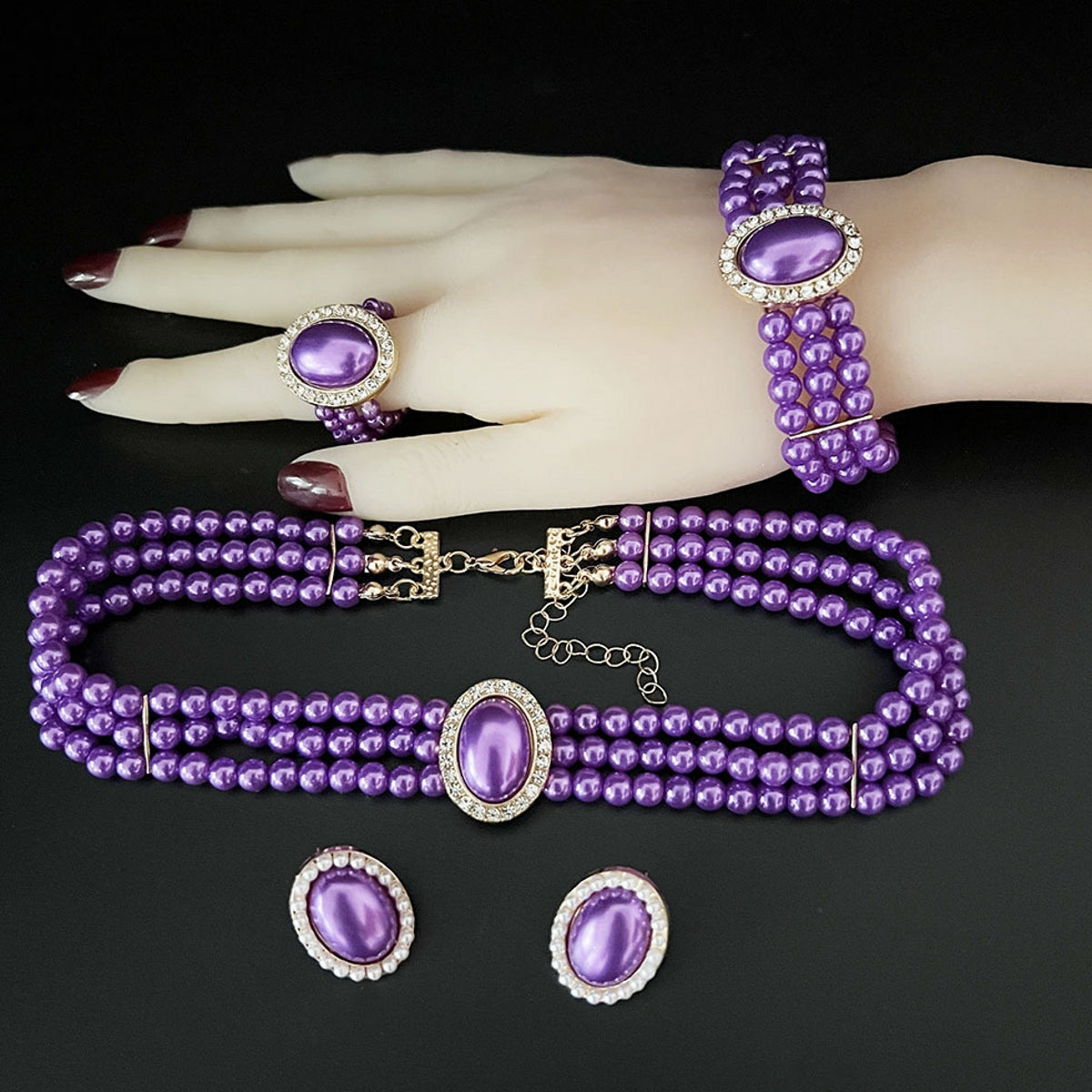 Luxury Vintage Pearl Jewelry Inlaid with Diamonds Eco-Friendly Alloy Elegant Bracelets and Necklaces 5 Pieces