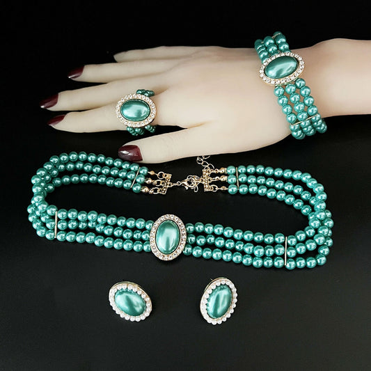 Luxury Vintage Pearl Jewelry Inlaid with Diamonds Eco-Friendly Alloy Elegant Bracelets and Necklaces 5 Pieces