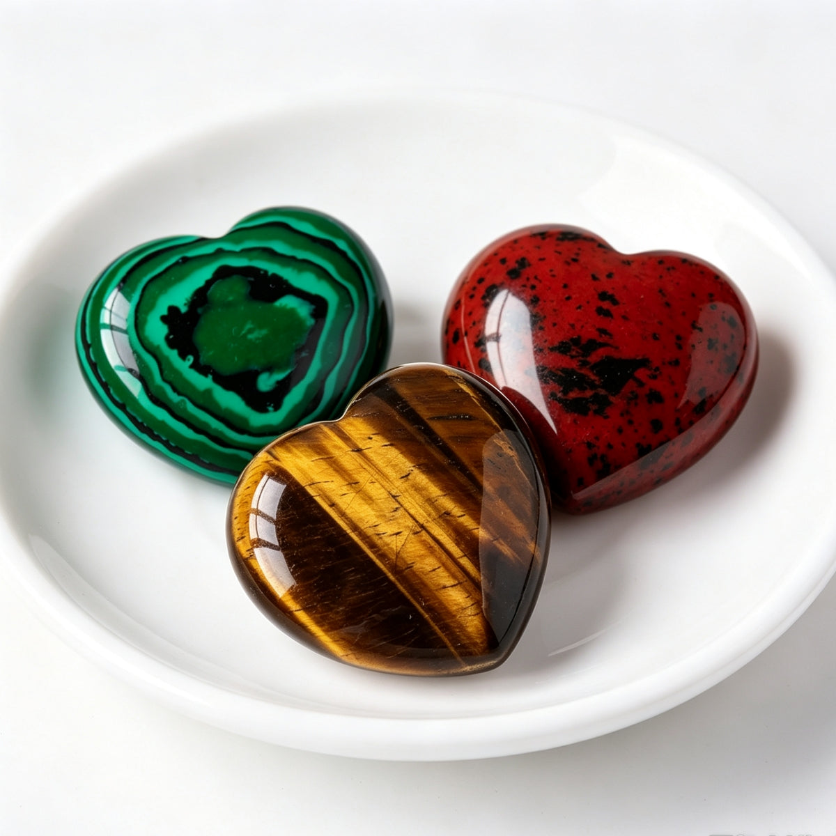 Malachite Red Obsidian Yellow Tiger's Eye Crystal Hearts Plam Stone 1.18"