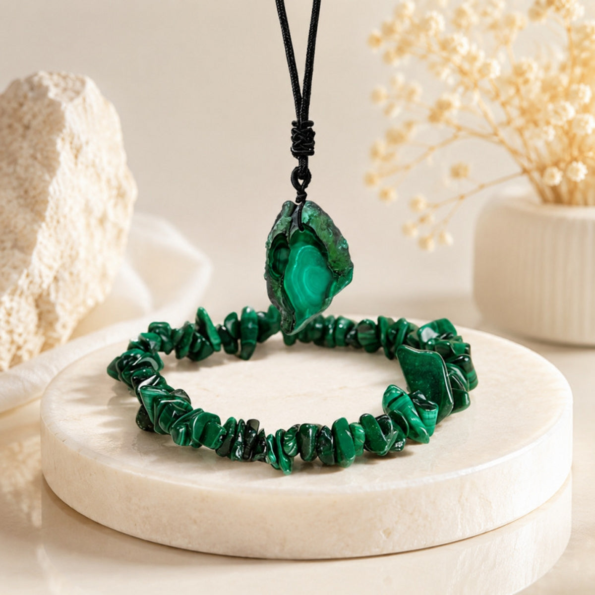 Malachite Slice Pendant Necklace and Crushed Stone Bracelet Set