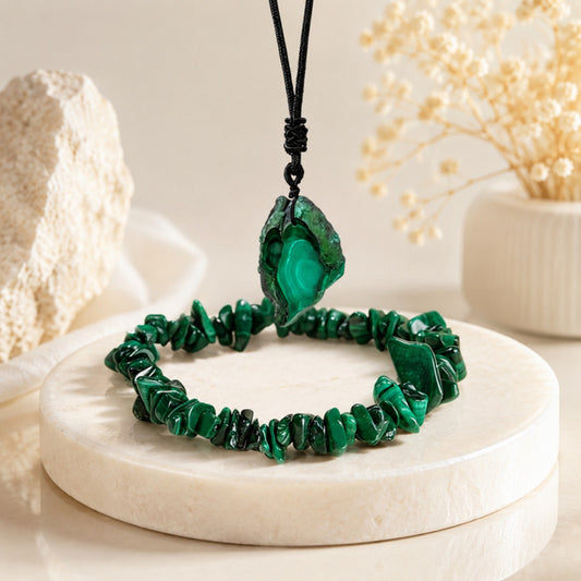 Malachite Slice Pendant Necklace and Crushed Stone Bracelet Set