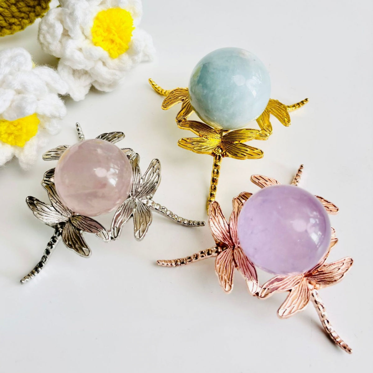 Metal Dragonfly Sphere Holders Silver Gold Rose Gold Ball Bases 2.85"
