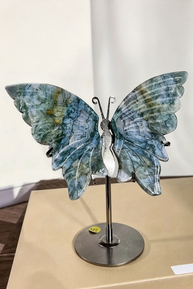 Moss Agate Butterfly Wings with Free Holders 5.9"