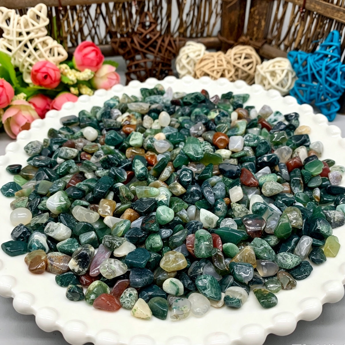 Moss Agate Chips Small Tumbles 100g