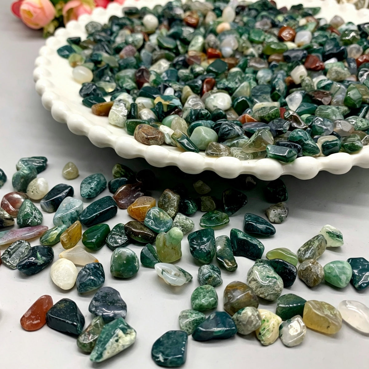Moss Agate Chips Small Tumbles 100g