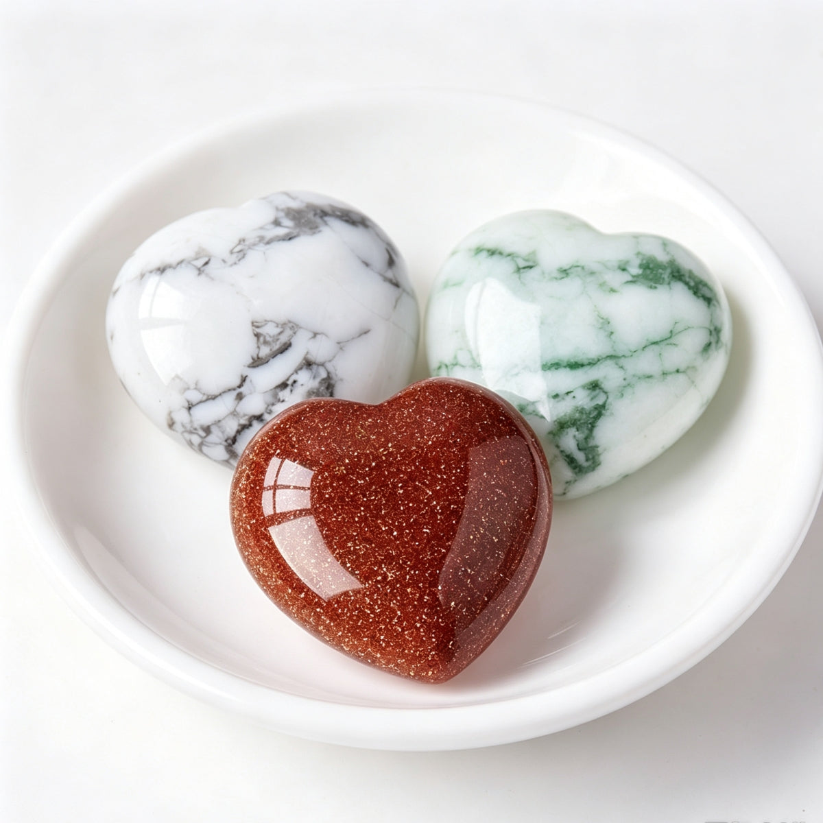 Moss Agate Howlite Red Sandstone Crystal Hearts Plam Stone 1.18"