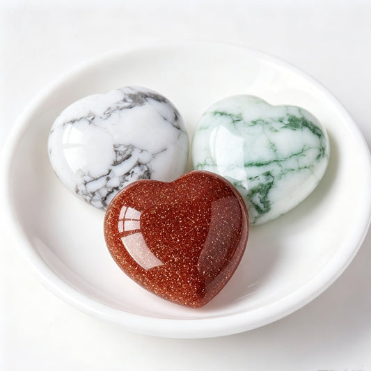 Moss Agate Howlite Red Sandstone Crystal Hearts Plam Stone 1.18"