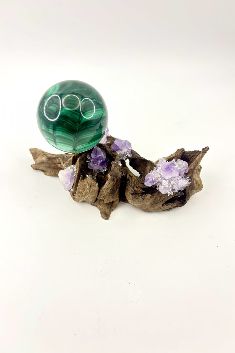 Natural Amethyst Driftwood Sphere Holders Wood Quartz Single and Double Ball Bases