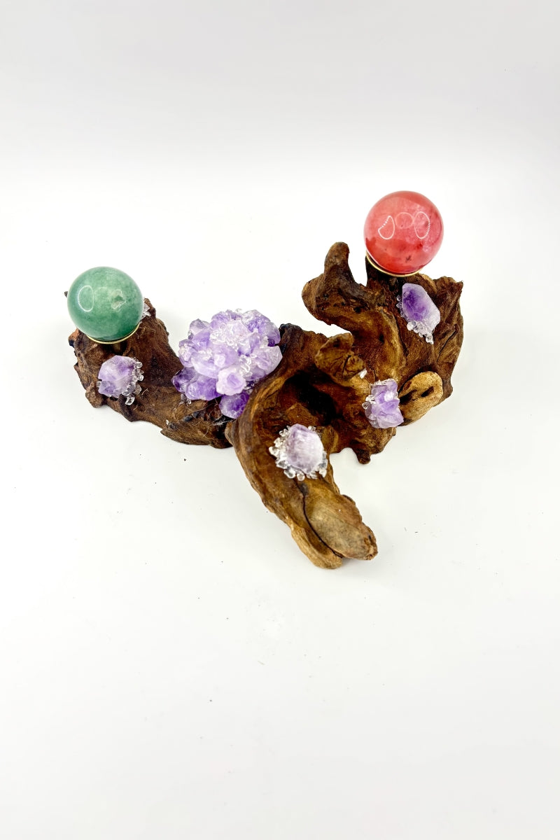 Natural Amethyst Driftwood Sphere Holders Wood Quartz Single and Double Ball Bases