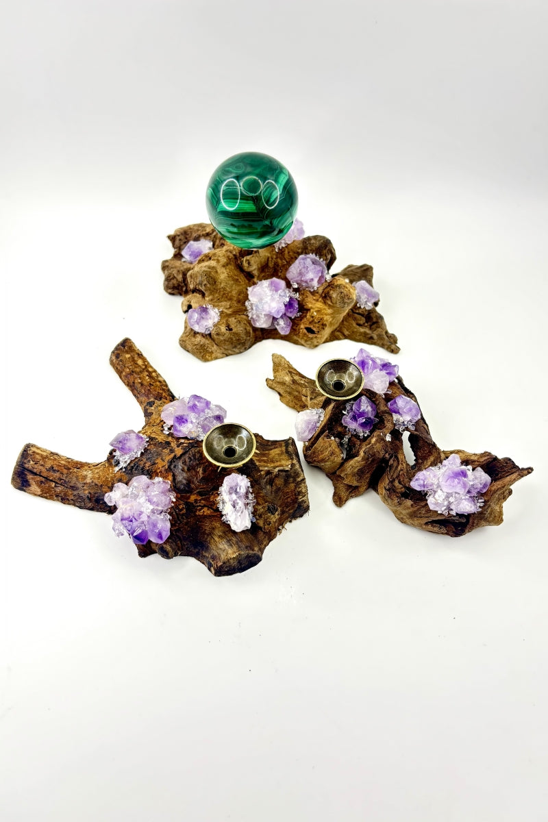 Natural Amethyst Driftwood Sphere Holders Wood Quartz Single and Double Ball Bases