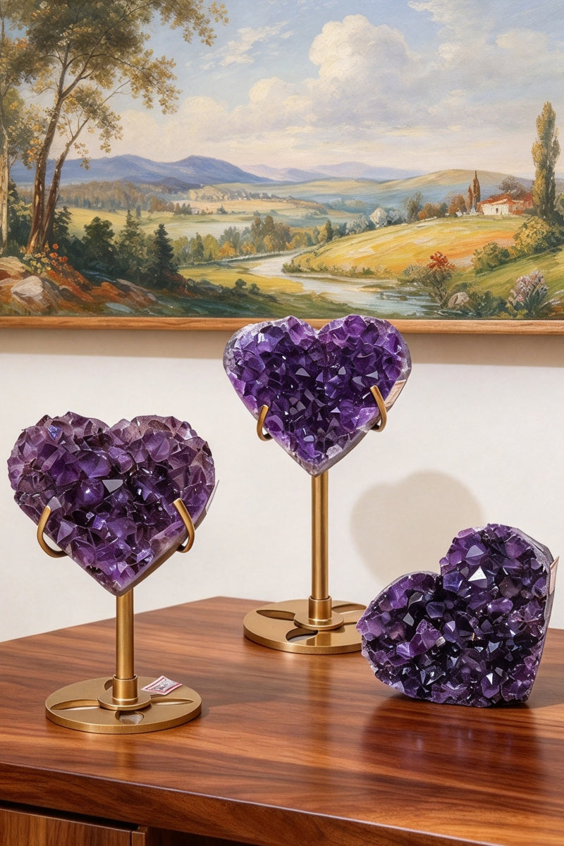 Natural Amethyst Heart Crystal Cluster with Free Holders