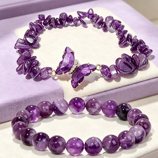 Natural Amethyst Pebbles with Butterfly Style Layered Braceltes