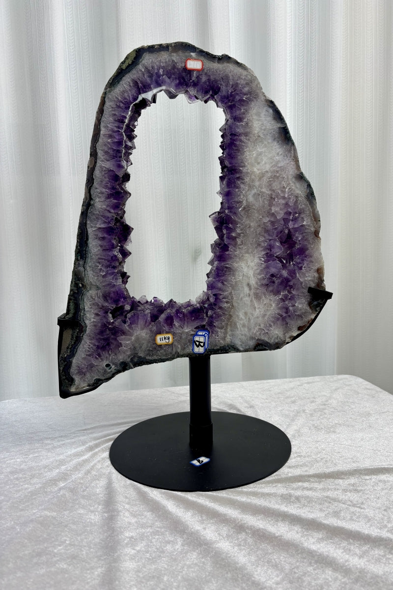 Natural Amethyst Portal with Titanium Purple Geode Double Rings on a Stand 23.62" Tall