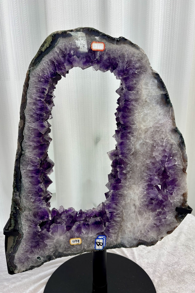 Natural Amethyst Portal with Titanium Purple Geode Double Rings on a Stand 23.62" Tall