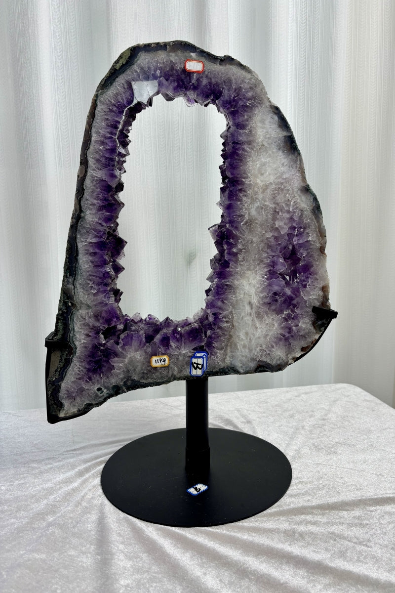 Natural Amethyst Portal with Titanium Purple Geode Double Rings on a Stand 23.62" Tall