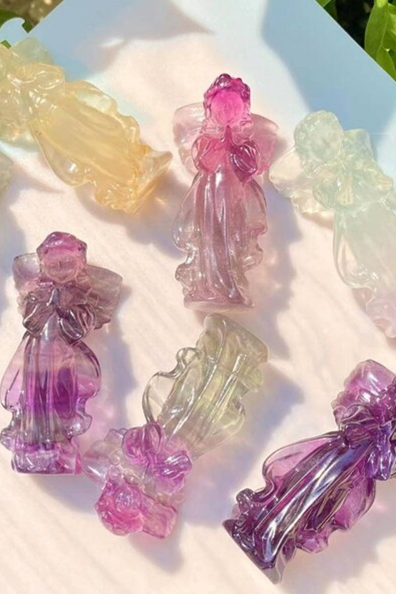 Natural Candy Fluorite Praying Angel Carvings 3.15"