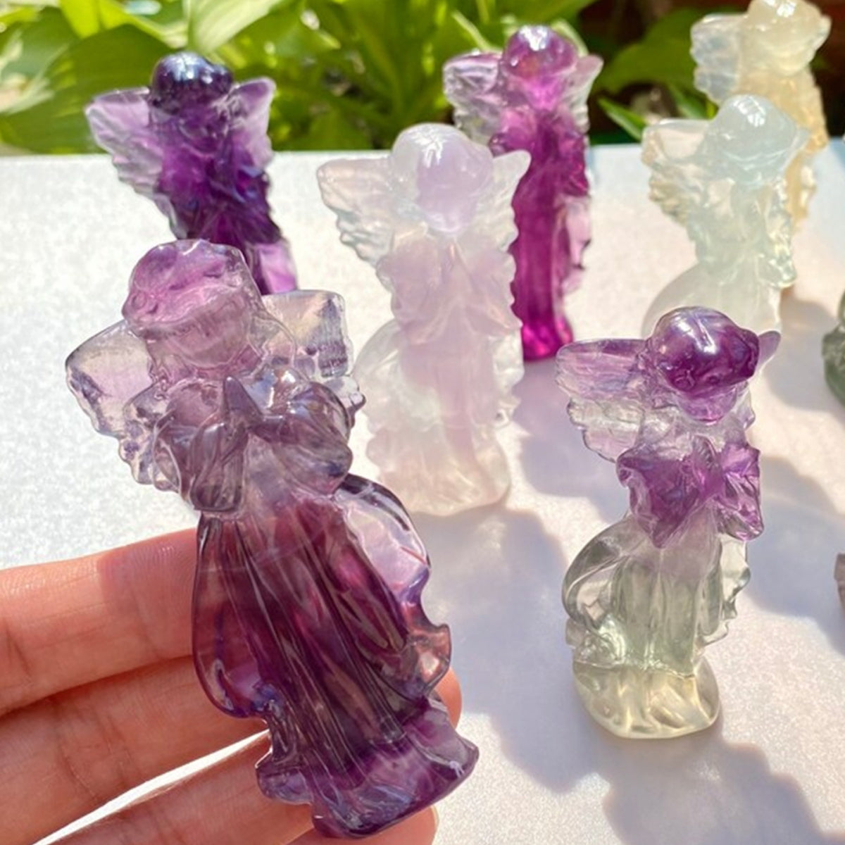 Natural Candy Fluorite Praying Angel Carvings 3.15"