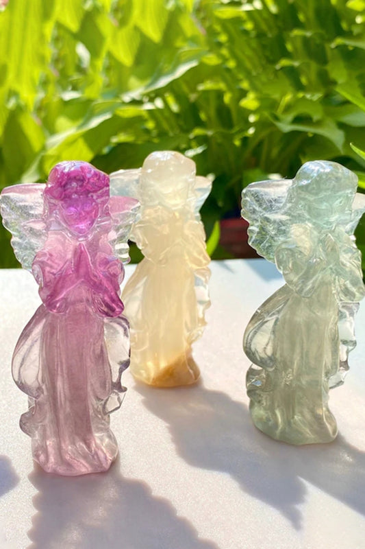 Natural Candy Fluorite Praying Angel Carvings 3.15"