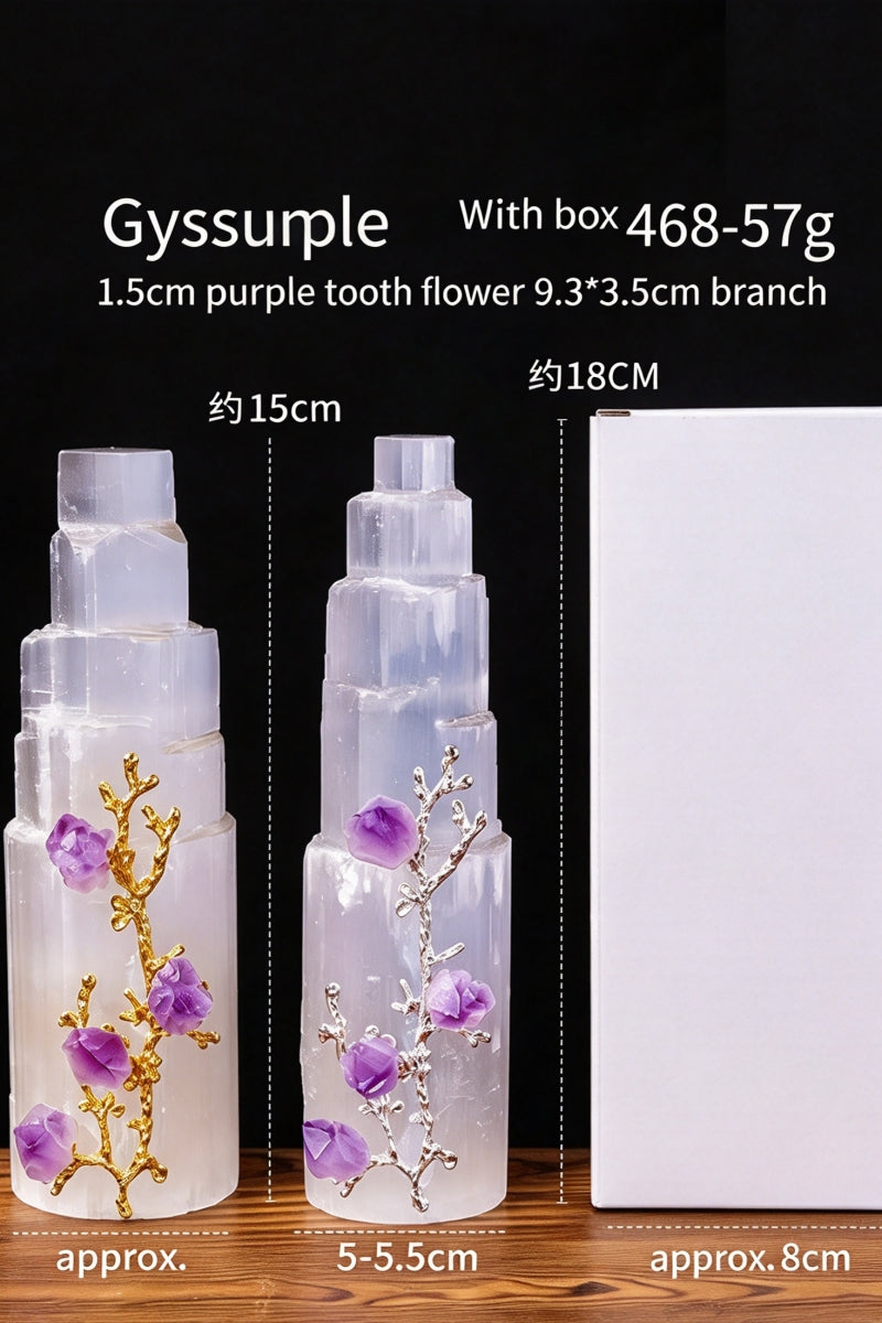 Natural Moroccan Selenite Tower Amethyst Flower Ornament