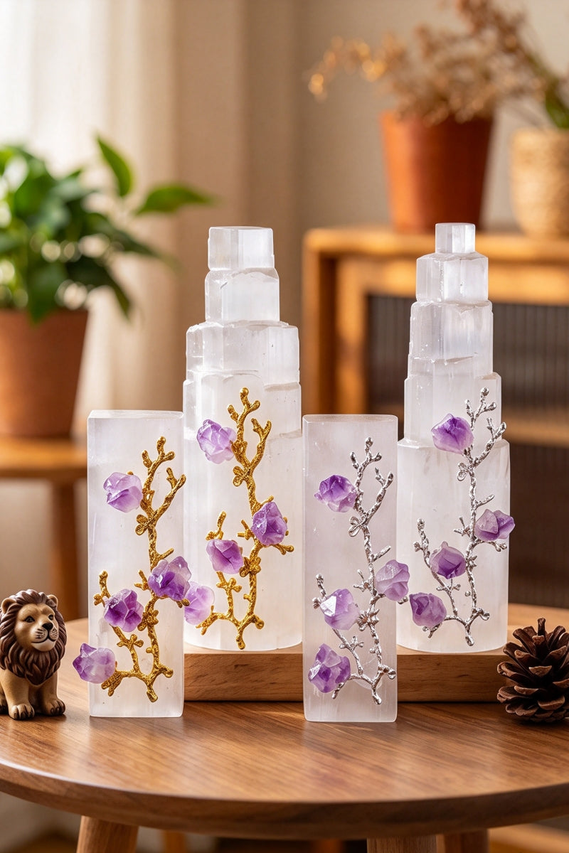 Natural Moroccan Selenite Tower Amethyst Flower Ornament