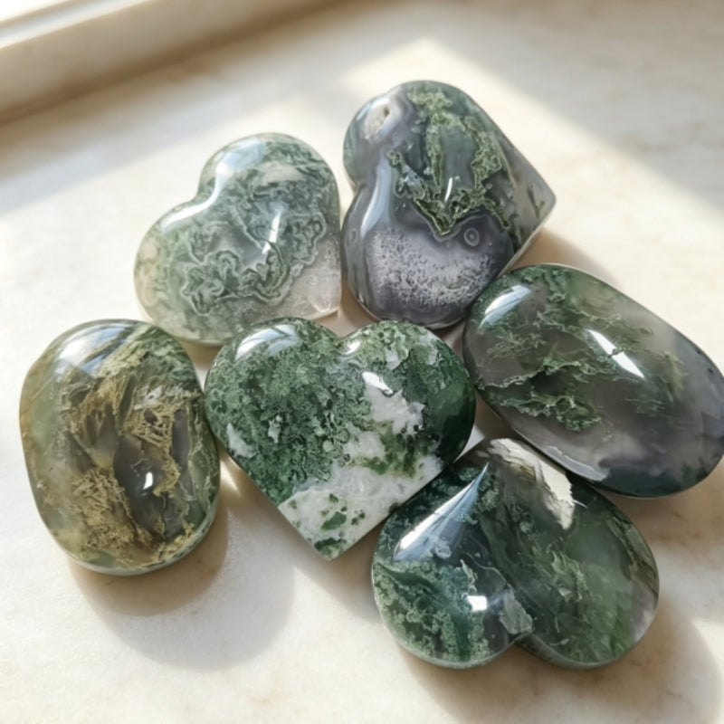 Natural Moss Agate Palm Stones and Hearts Combo 100g