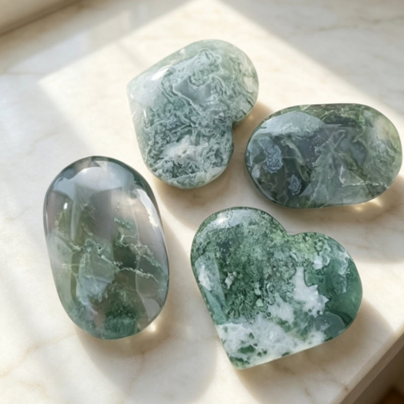 Natural Moss Agate Palm Stones and Hearts Combo 100g