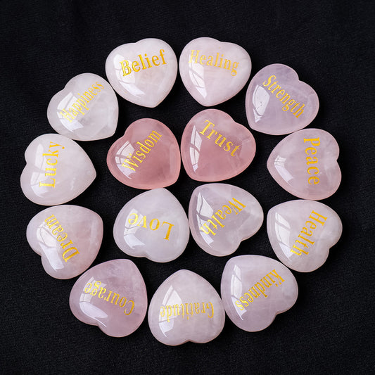 Natural Rose Quartz Raw Stone Engraved Heart Shaped Carvings 1.18"
