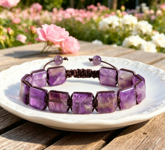 Natural Tiger's Eye Amethyst Lapis Lazuli Square Bead Bracelets Adjustable Bangles with Drawstrings