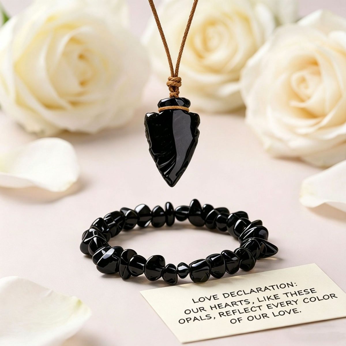 Obsidian Arrowhead Pendant Necklace and Crushed Stone Bracelet Set