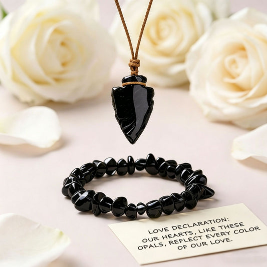 Obsidian Arrowhead Pendant Necklace and Crushed Stone Bracelet Set