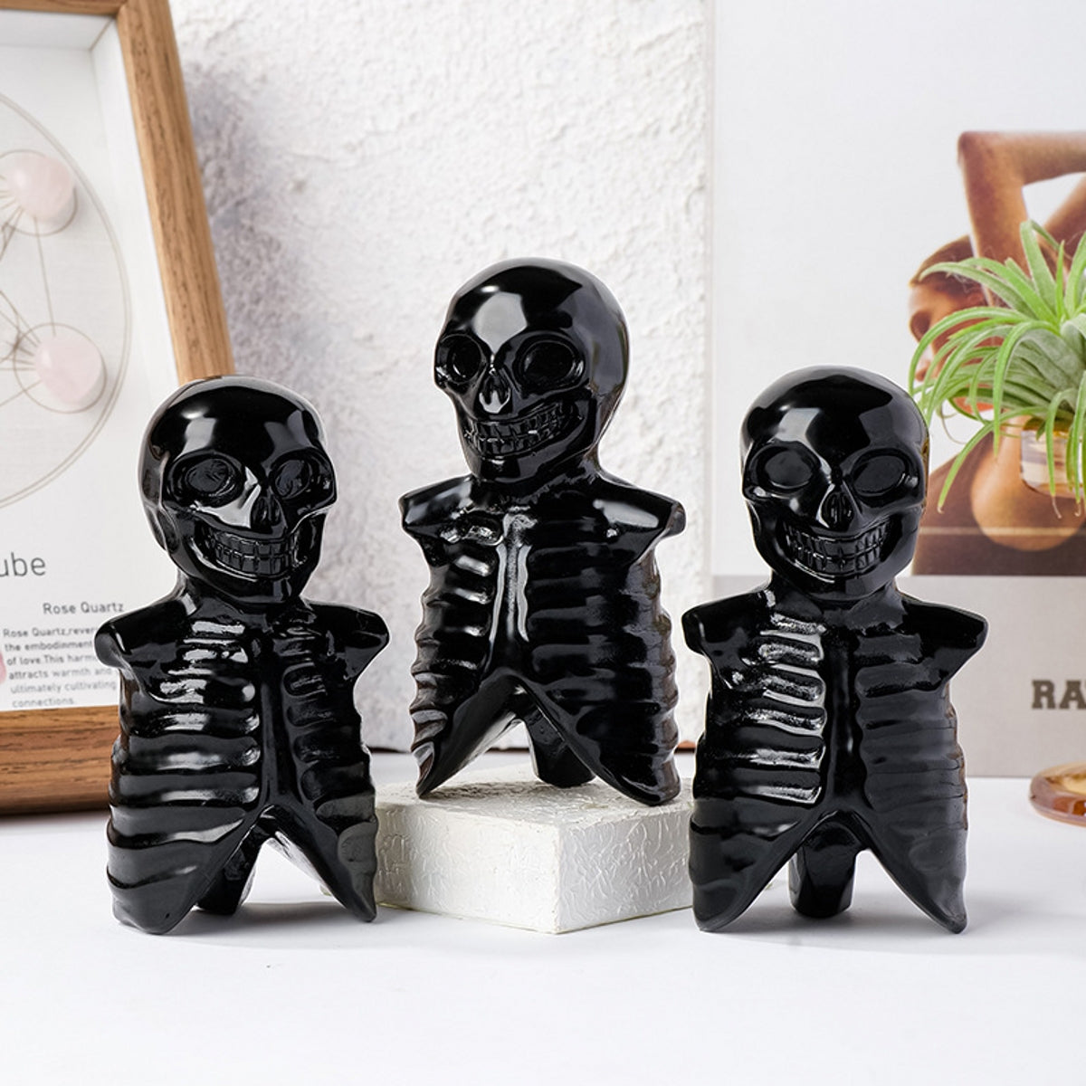 Obsidian Skull Skeleton Carving for Halloween 3.54"