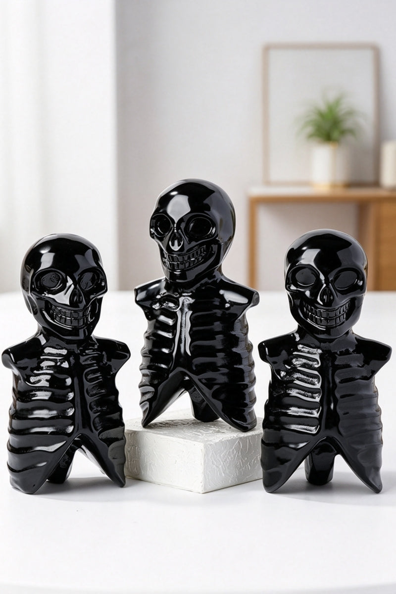 Obsidian Skull Skeleton Carving for Halloween 3.54"