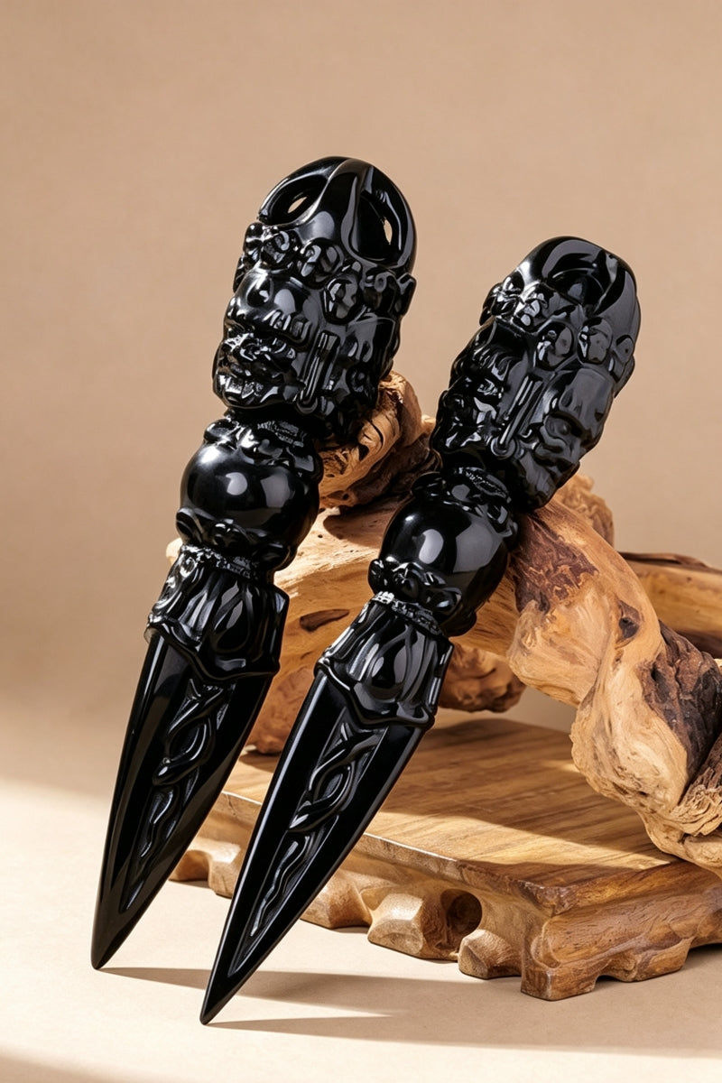 Obsidian Vajra Demon Slaying Staff Carvings 7.68"
