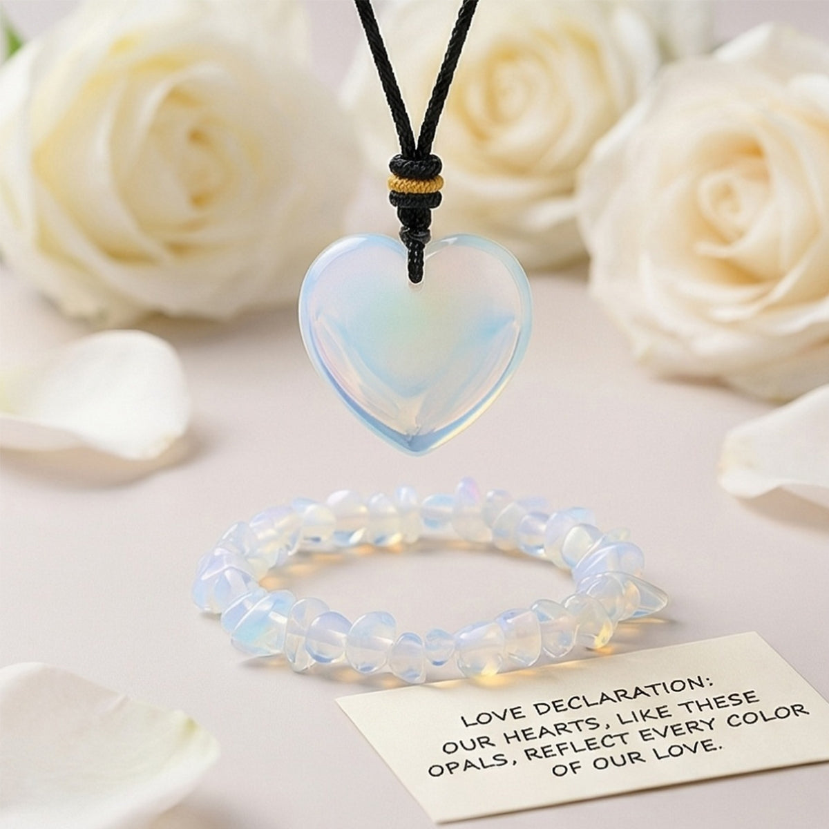 Opalite Heart Pendant Necklace and Crushed Stone Bracelet Set
