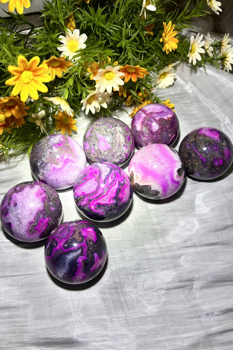 Pink Moss Agate Spheres with Strong UV Flash 2.36"