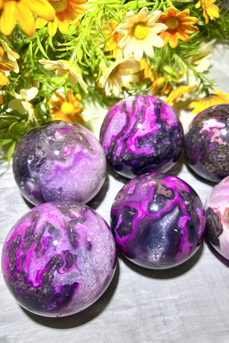 Pink Moss Agate Spheres with Strong UV Flash 2.36"
