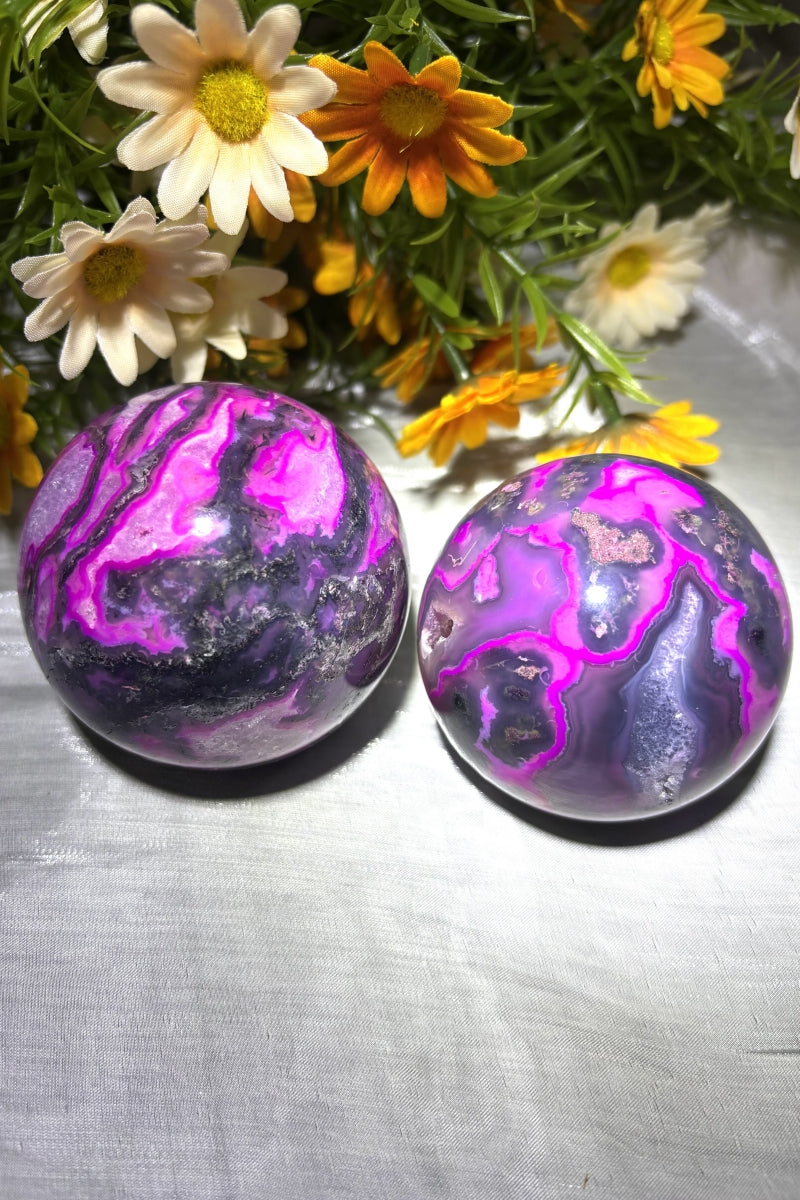 Pink Moss Agate Spheres with Strong UV Flash 2.36"