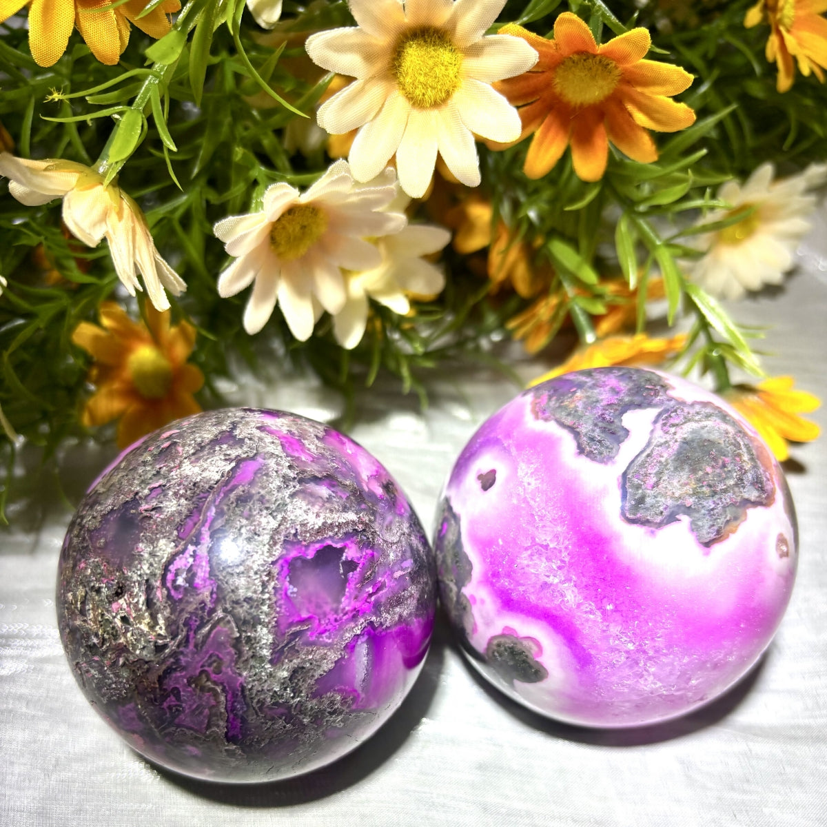 Pink Moss Agate Spheres with Strong UV Flash 2.36"