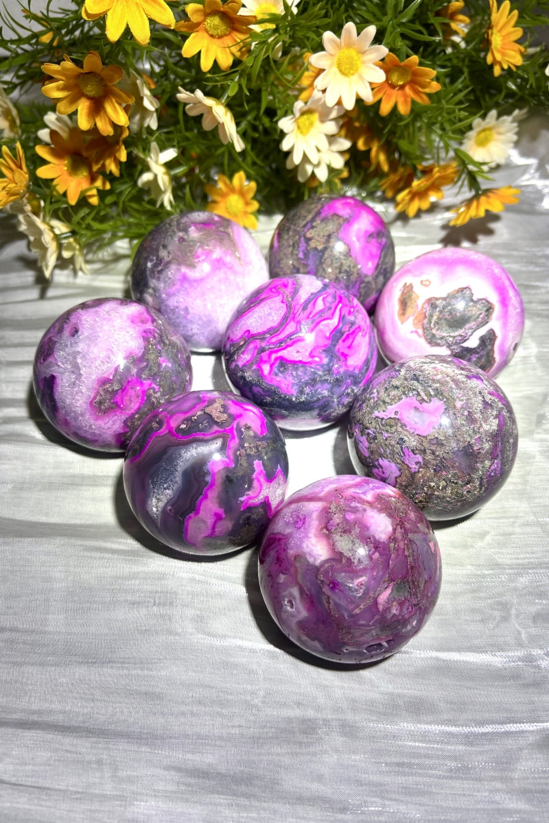 Pink Moss Agate Spheres with Strong UV Flash 2.36"