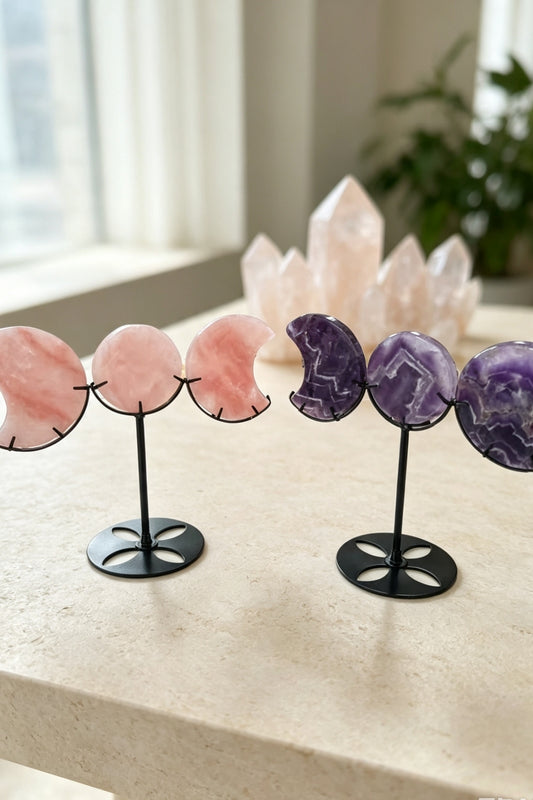 Pink Opal Dream Amethyst Half and Full Moon Set with Free Holders 7.28"
