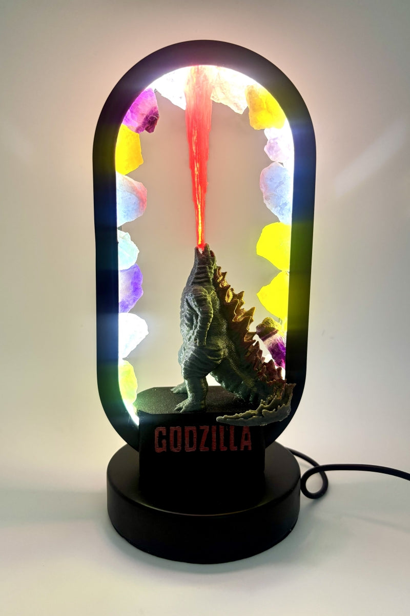 Rainbow Godzilla Lamp with Flames USB Different Natural Crystal Raw Pieces