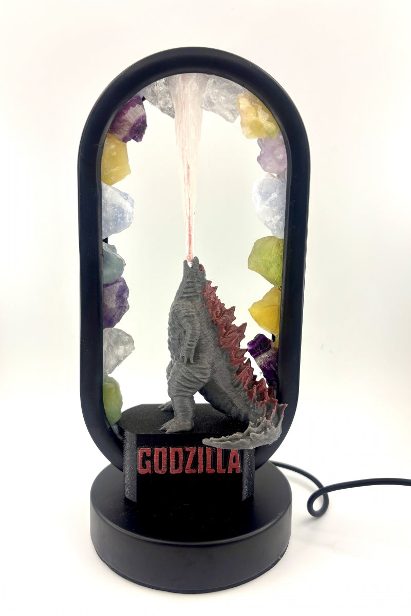 Rainbow Godzilla Lamp with Flames USB Different Natural Crystal Raw Pieces