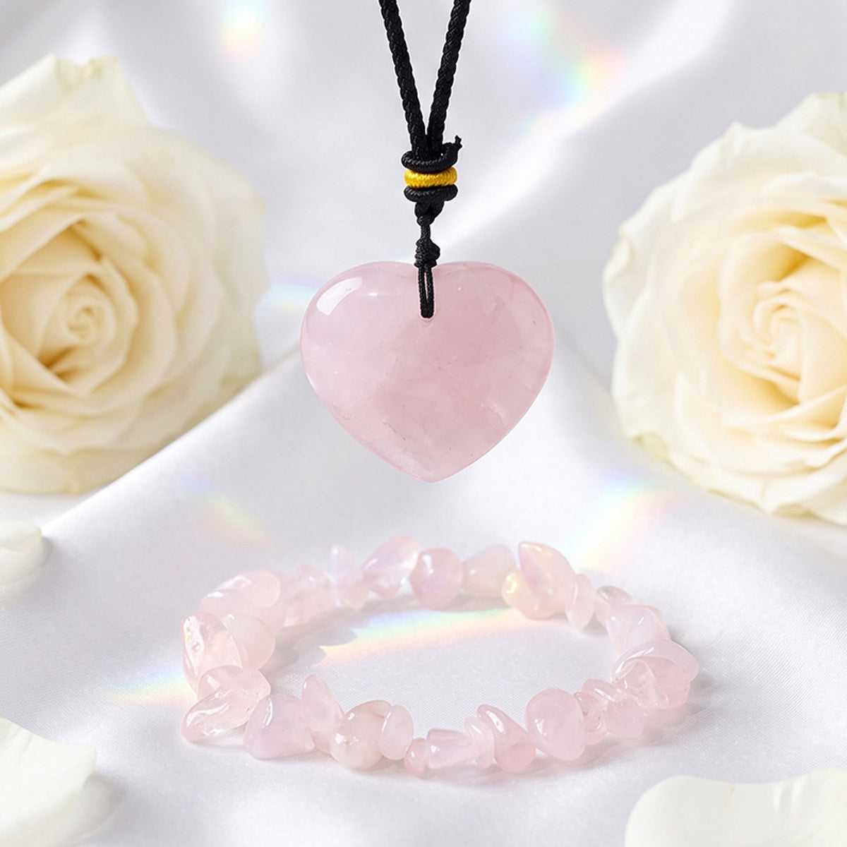 Rose Quartz Heart Pendant Necklace and Crushed Stone Bracelet Set