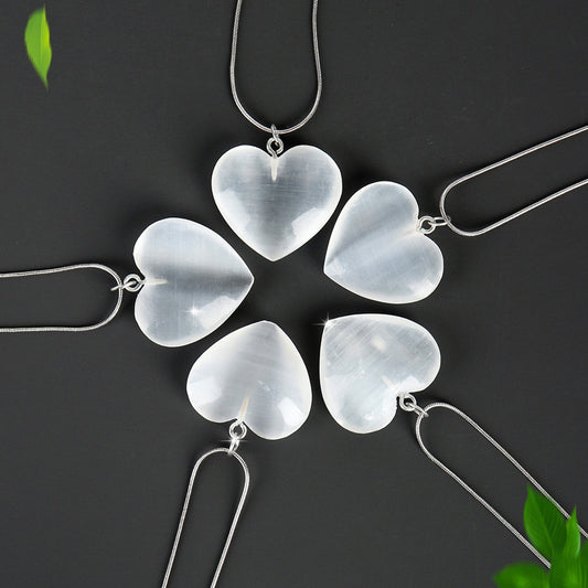 Selenite Heart Pendant with Silver Necklace