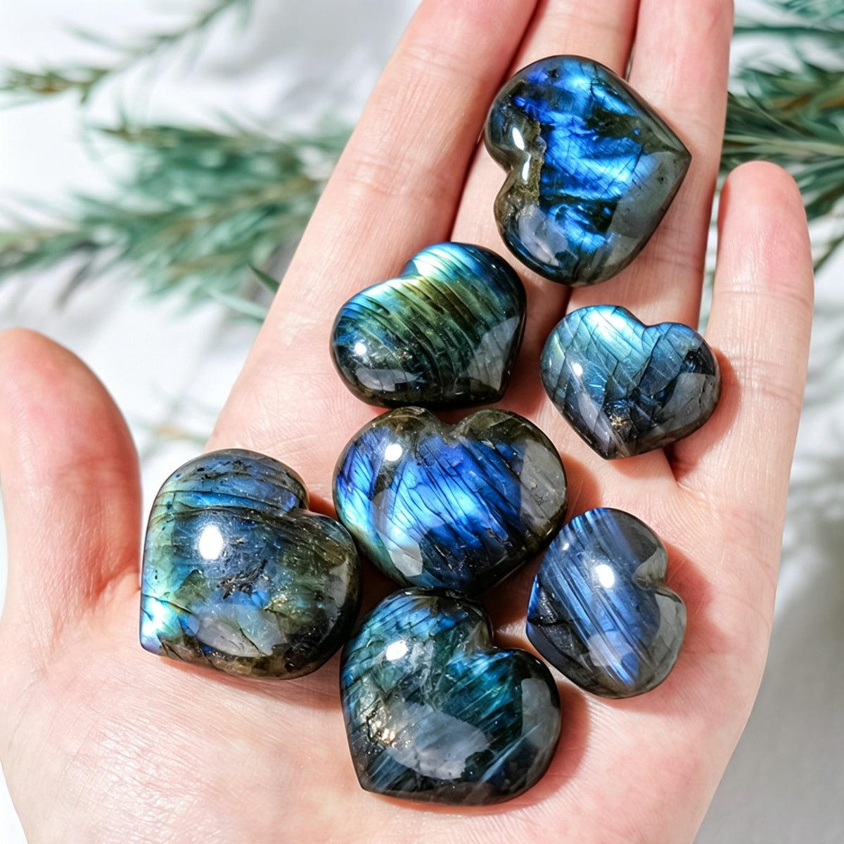 Shining Blue Flash Natural Labradorite Hearts Plam Stone 1.18"