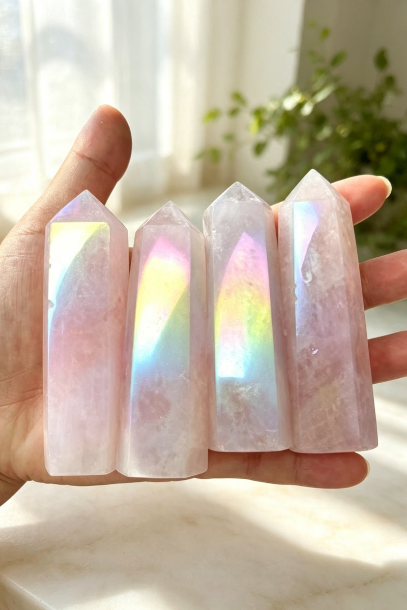 Shining Small Aura Rose Quartz Towers 3.19"Tall
